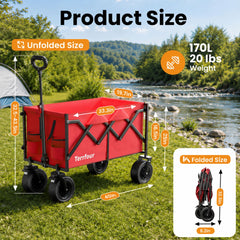 Terrfour 560LBS Collapsible Folding Wagon, Heavy Duty Utility Cart for Grocery, Shopping, Garden, Sports, Camping, Red