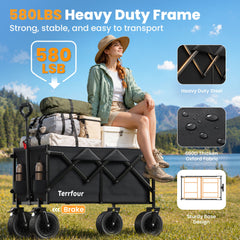Terrfour Collapsible Folding Wagon, 560LBS Portable Heavy Duty Utility Cart for Grocery, Shopping, Garden, Sports, Camping, Black