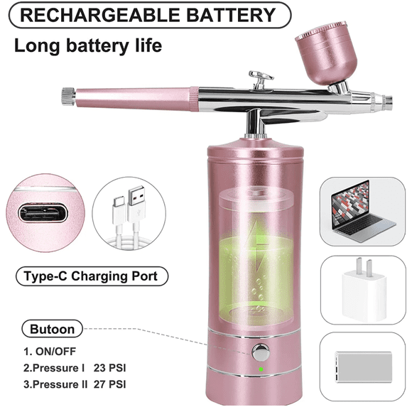 ALILYY airbrush kit, including compressor, automatic handheld airbrush, 0.3mm nozzle, rechargeable, portable airbrush, suitable for various scenarios, pink.