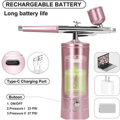 ALILYY airbrush kit, including compressor, automatic handheld airbrush, 0.3mm nozzle, rechargeable, portable airbrush, suitable for various scenarios, pink.